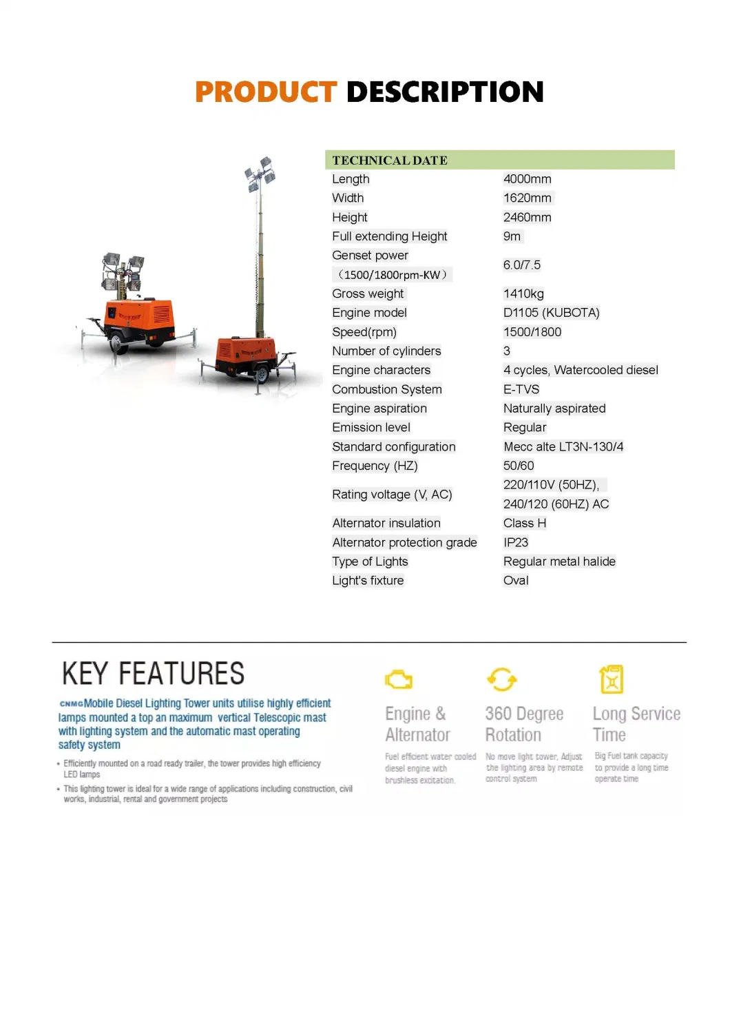 Metal Halide Mobile Lighting Tower